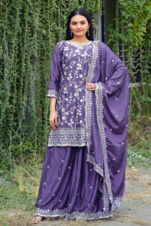 Shop Designer Embroidered Chinon Sharara Suit with Sequence Work – Elegant Festive Wear