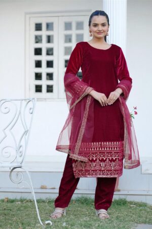 Buy Elegant Velvet Designer Suit with Butterfly Net Dupatta, Winter Perfect Glamwear!