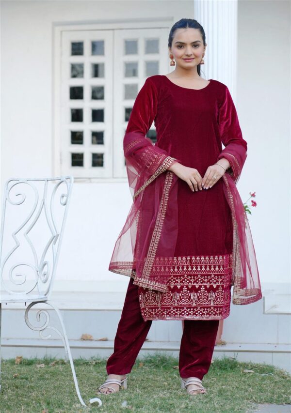 Buy Elegant Velvet Designer Suit with Butterfly Net Dupatta, Winter Perfect Glamwear!