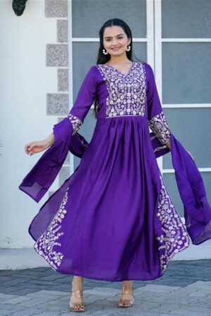 Shop Elegant Chinon Embroidered Gown with Sequence Work and Dupatta