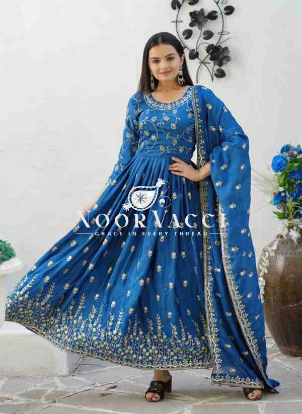 Elegant Chinon Embroidered Gown Set with Sequence Work and Matching Dupatta
