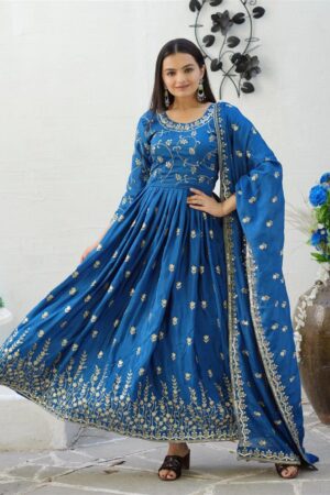 Shop Elegant Chinon Embroidered Gown Set with Sequence Work and Matching Dupatta