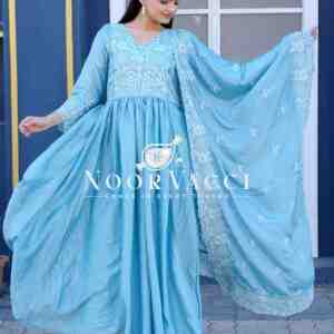 Graceful Embroidered Chinon Gown Set with Dupatta – Perfect for Festive Elegance