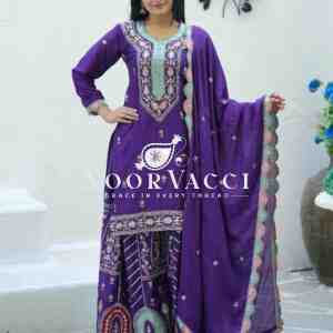 Elegant Chinon Suit with Coding Sequence Embroidery & Sharara Flair