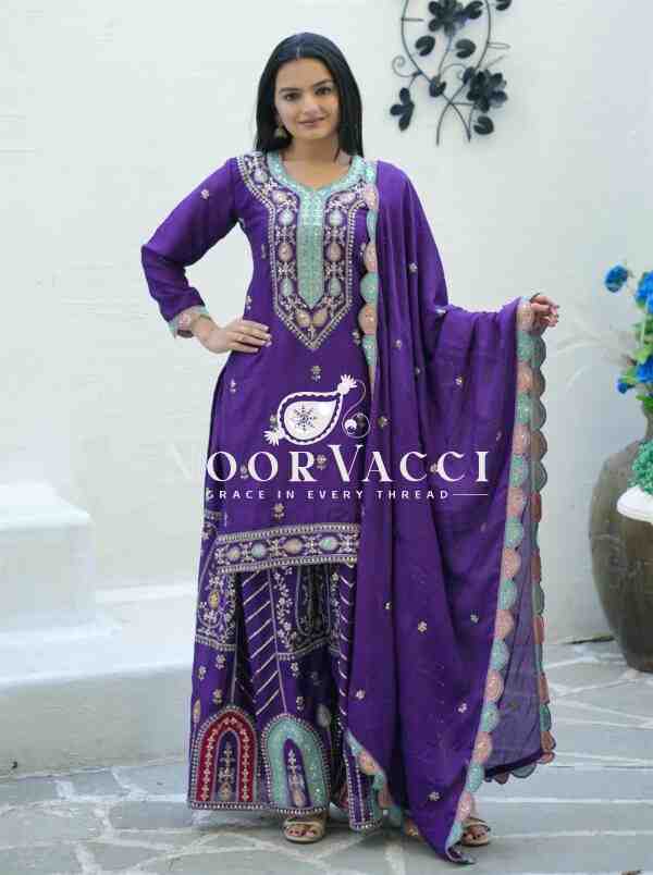 Elegant Chinon Suit with Coding Sequence Embroidery & Sharara Flair