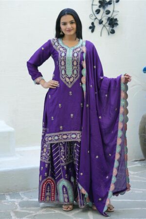 Shop Elegant Chinon Suit with Coding Sequence Embroidery & Sharara Flair