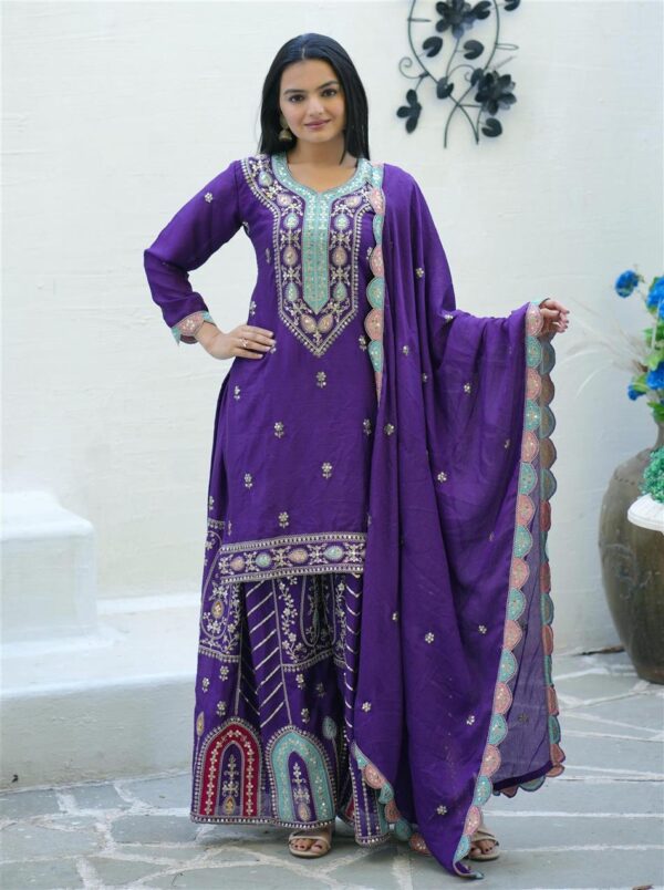Shop Elegant Chinon Suit with Coding Sequence Embroidery & Sharara Flair