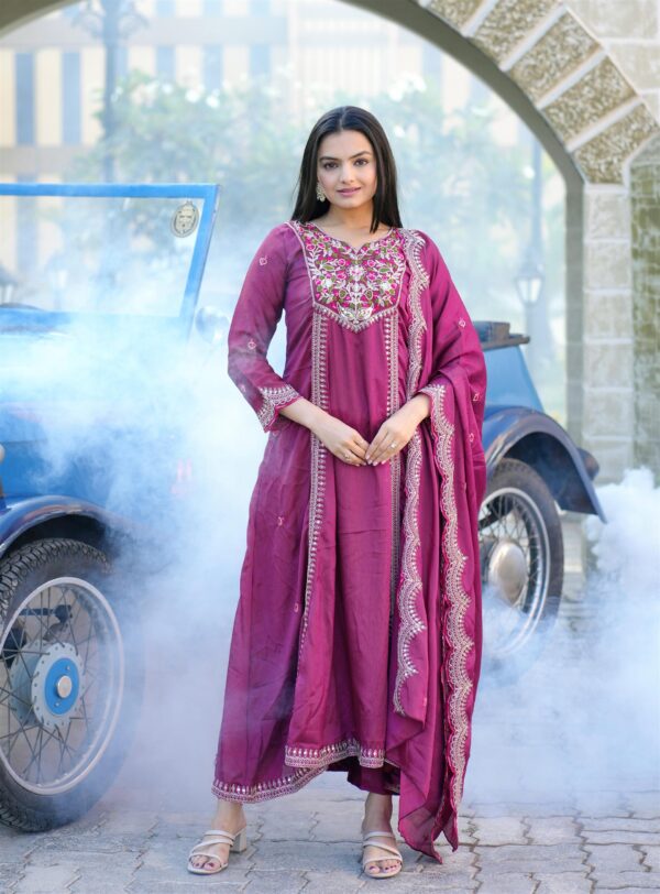 Designer Chinon Gown with Coding Sequence Embroidery – Elegant Ethnic Wear with Dupatta