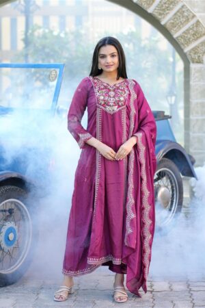 Shop Designer Chinon Gown with Coding Sequence Embroidery – Elegant Ethnic Wear with Dupatta