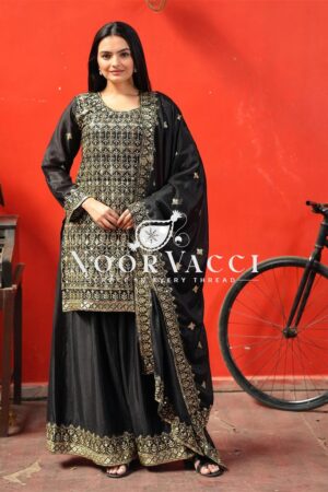 Buy Elegant Chinon Sharara Suit with Intricate Sequence Embroidery