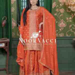 Chinon Embroidered Sharara Suit with Dual-Side Work & Heavy Dupatta – Designer Festive Wear