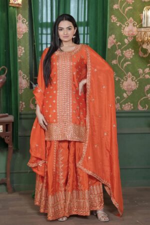 Shop Chinon Embroidered Sharara Suit with Dual-Side Work & Heavy Dupatta – Designer Festive Wear