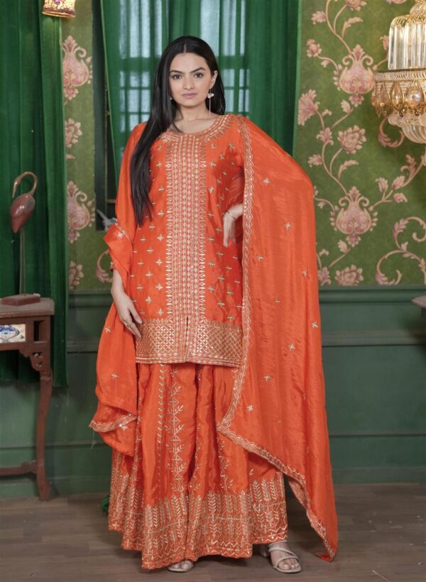 Shop Chinon Embroidered Sharara Suit with Dual-Side Work & Heavy Dupatta – Designer Festive Wear