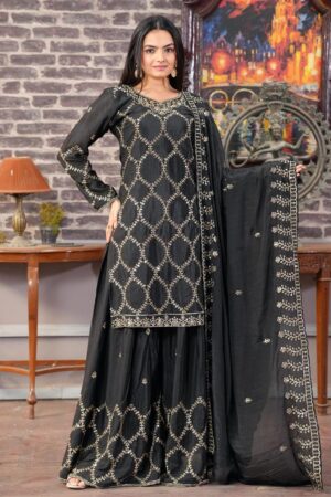 Shop Elegant Chinon Sharara Suit with Heavy Embroidered Dupatta – Premium Designer Wear