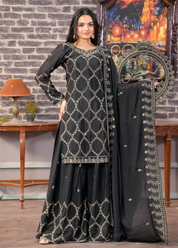 Shop Elegant Chinon Sharara Suit with Heavy Embroidered Dupatta – Premium Designer Wear