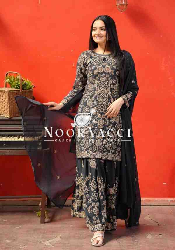 New Designer Fox Georgette Sharara Suit with Coding Sequence Embroidery