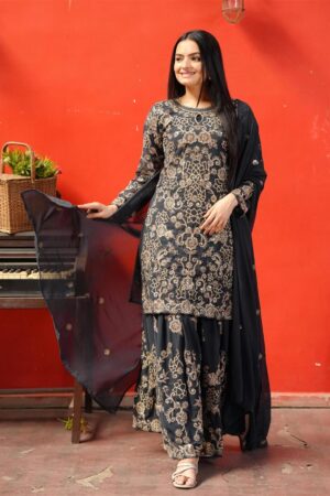 Buy Designer Fox Georgette Sharara Suit with Coding Sequence Embroidery