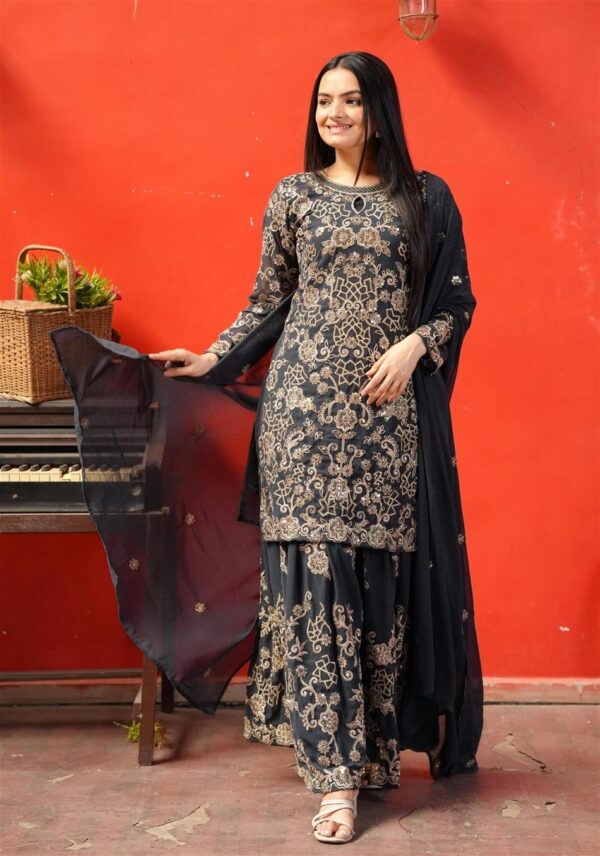 Buy Designer Fox Georgette Sharara Suit with Coding Sequence Embroidery