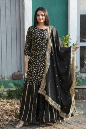 Buy Designer Chinon Lehenga Suit with Front & Back Sequence Embroidery Work