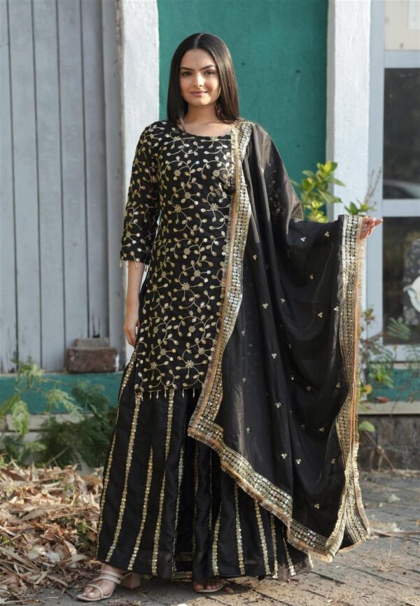 Buy Designer Chinon Lehenga Suit with Front & Back Sequence Embroidery Work