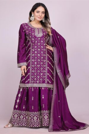 Buy Designer Chinon Sharara Suit with Coding Sequence Embroidery Work