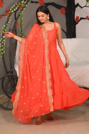 Buy Glamorous Georgette Gown with Full Flair and Sequence Embroidery
