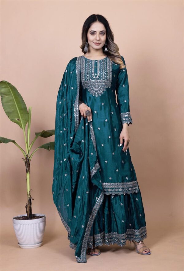 Shop Designer Chinon Sharara Suit with Sequence Embroidery - Image 2