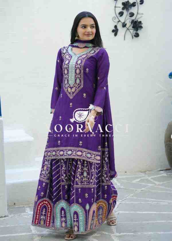 Elegant Chinon Suit with Coding Sequence Embroidery & Sharara Flair - Image 2