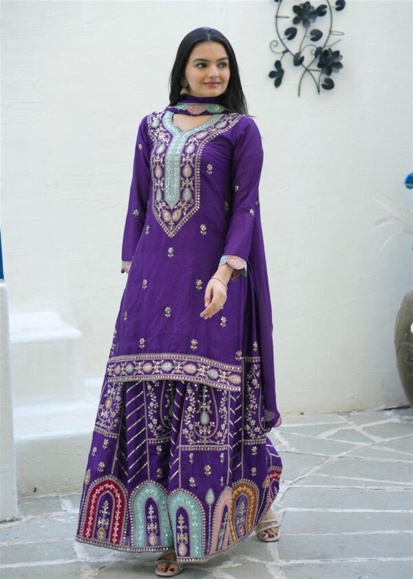 Shop Elegant Chinon Suit with Coding Sequence Embroidery & Sharara Flair - Image 2