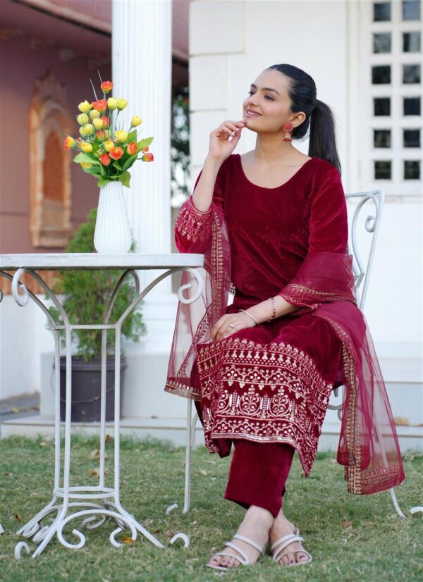 Buy Elegant Velvet Designer Suit with Butterfly Net Dupatta, Winter Perfect Glamwear! - Image 2