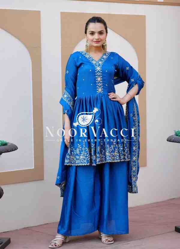 Stylish Chinon Embroidered Sharara Suit with Sequence Work and Matching Dupatta - Image 2