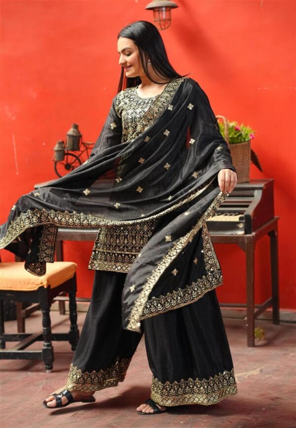 Buy Elegant Chinon Sharara Suit with Intricate Sequence Embroidery - Image 2