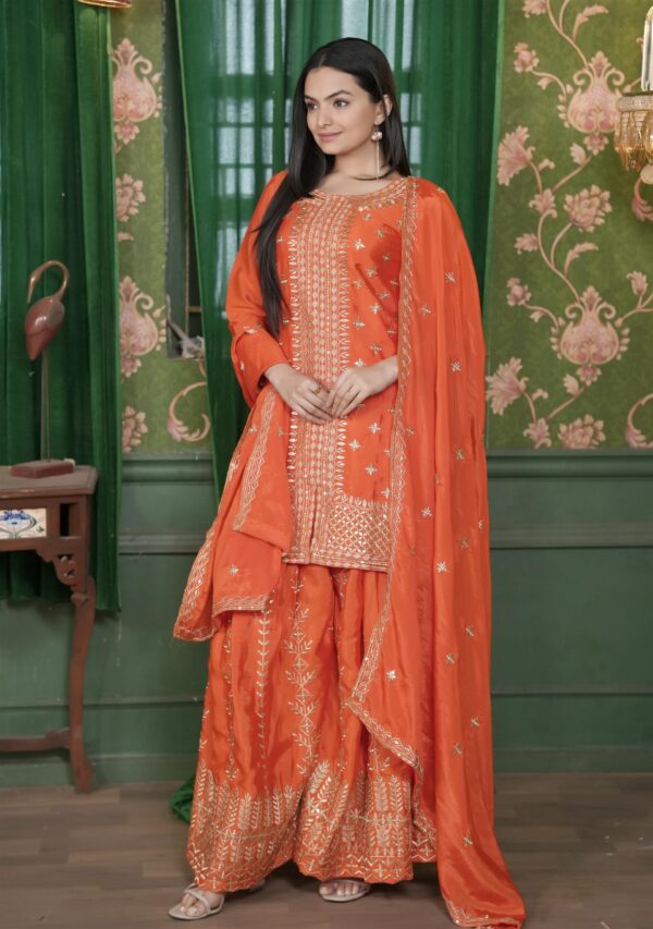 Chinon Embroidered Sharara Suit with Dual-Side Work & Heavy Dupatta – Designer Festive Wear - Image 2