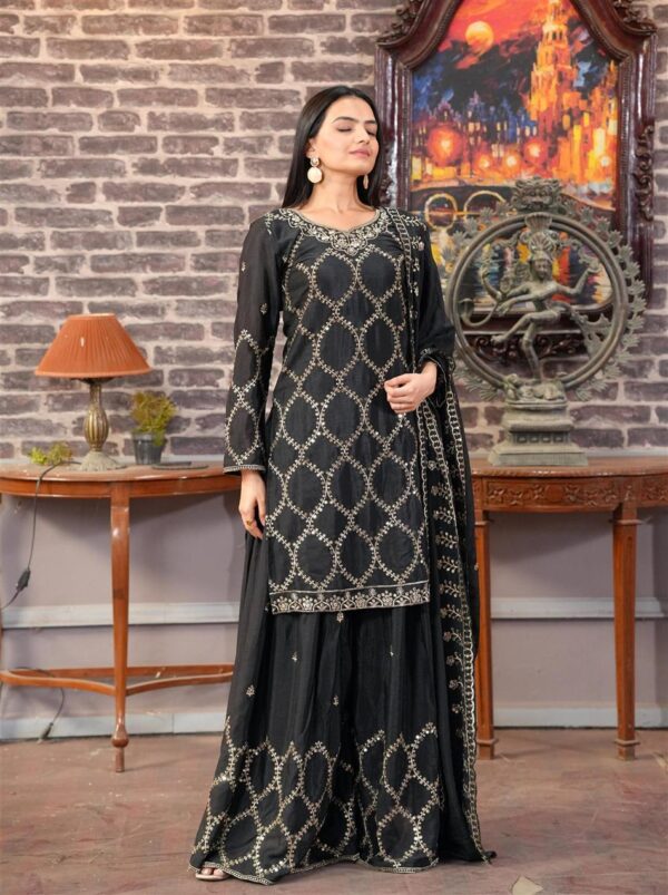 Shop Elegant Chinon Sharara Suit with Heavy Embroidered Dupatta – Premium Designer Wear - Image 2