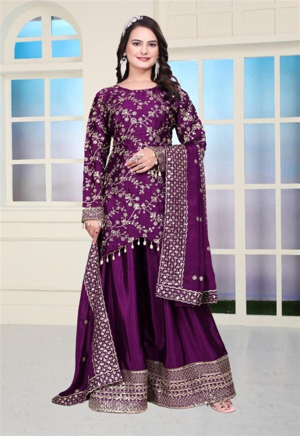 Buy Elegant Chinon Sharara Suit with Real Kodi Lace & Sequence Embroidery - Image 2
