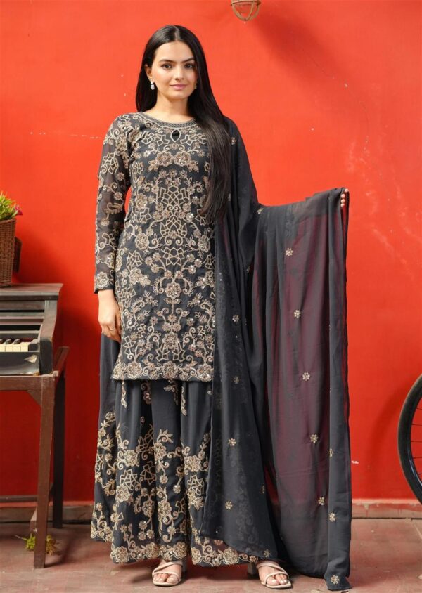 Buy Designer Fox Georgette Sharara Suit with Coding Sequence Embroidery - Image 2