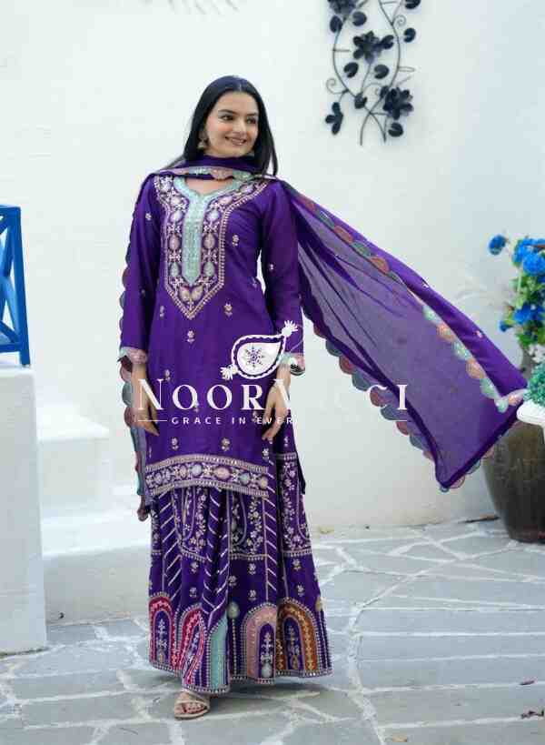 Elegant Chinon Suit with Coding Sequence Embroidery & Sharara Flair - Image 3
