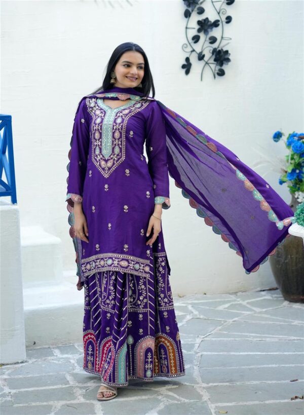 Shop Elegant Chinon Suit with Coding Sequence Embroidery & Sharara Flair - Image 3