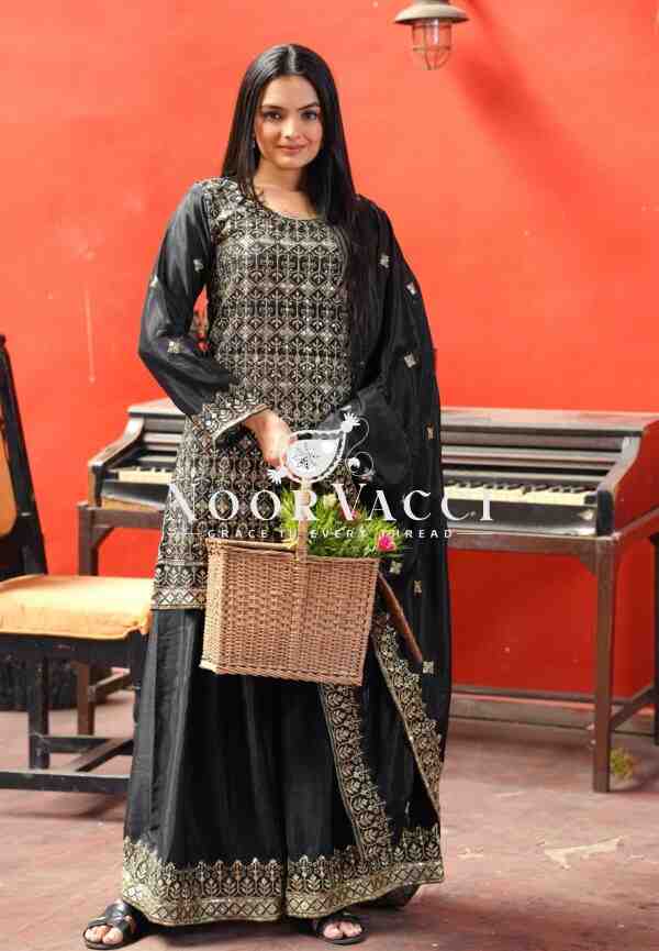 Elegant Chinon Sharara Suit with Intricate Sequence Embroidery – Designer Ethnic Set - Image 3