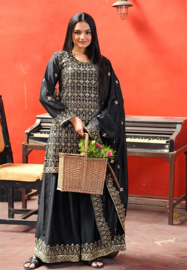 Buy Elegant Chinon Sharara Suit with Intricate Sequence Embroidery - Image 3