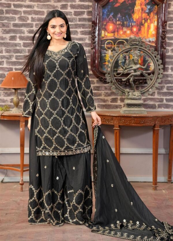 Shop Elegant Chinon Sharara Suit with Heavy Embroidered Dupatta – Premium Designer Wear - Image 3