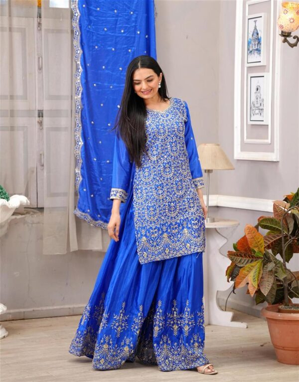 Buy Chinon Embroidered Sharara Suit with Sequence Work – Festive Designer Set - Image 3