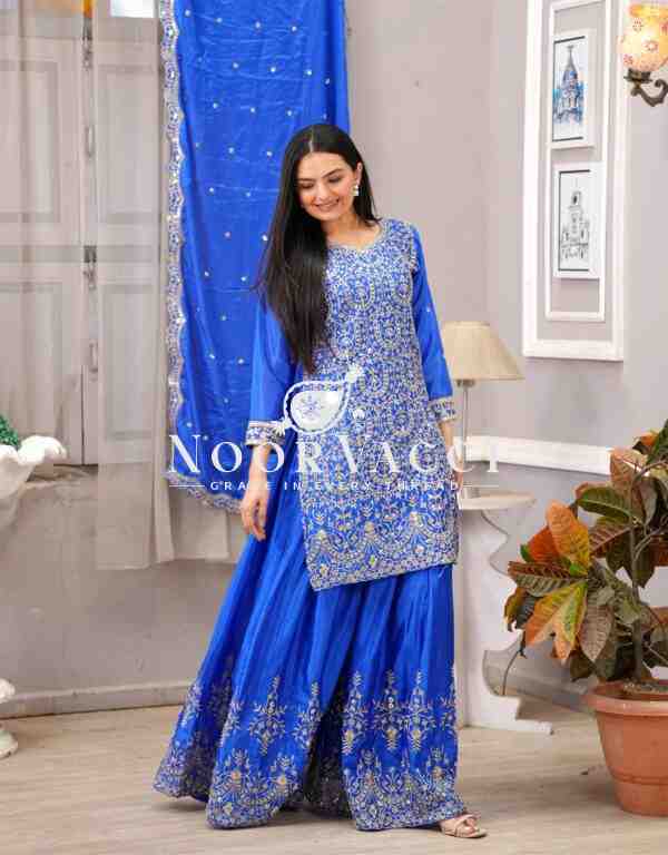 Chinon Embroidered Sharara Suit with Sequence Work – Festive Designer Set - Image 3