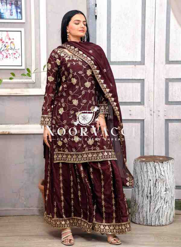 Elegant Chinon Sharara Suit with Real Kodi Lace and Sequence Embroidery - Image 3