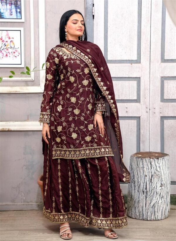 Buy Elegant Chinon Sharara Suit with Real Kodi Lace and Sequence Embroidery - Image 3