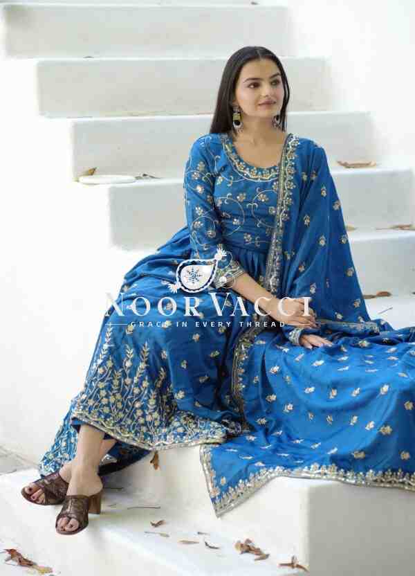 Elegant Chinon Embroidered Gown Set with Sequence Work and Matching Dupatta - Image 4