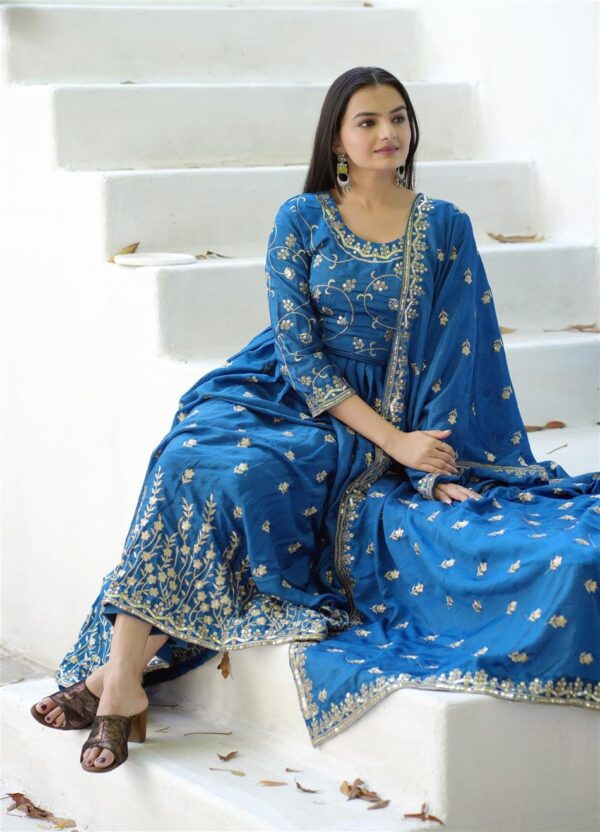 Shop Elegant Chinon Embroidered Gown Set with Sequence Work and Matching Dupatta - Image 4