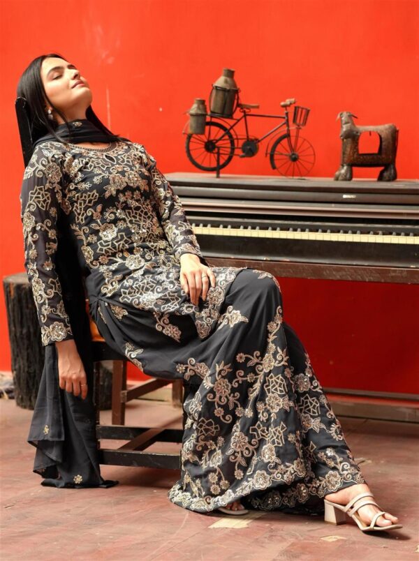 Buy Designer Fox Georgette Sharara Suit with Coding Sequence Embroidery - Image 3