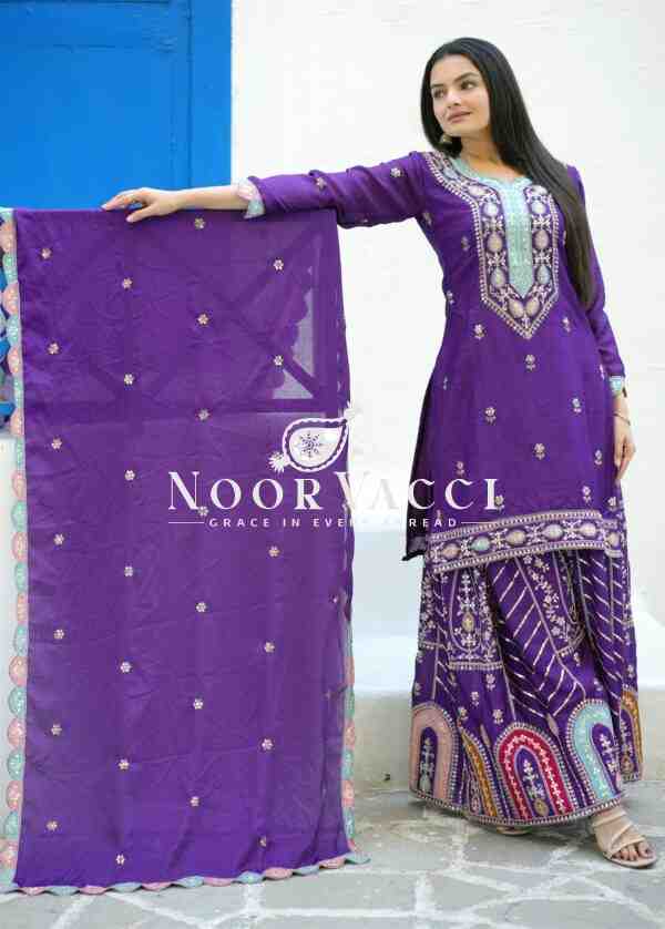 Elegant Chinon Suit with Coding Sequence Embroidery & Sharara Flair - Image 4