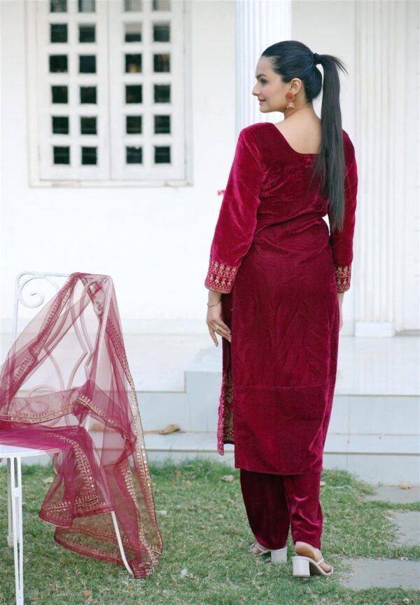 Buy Elegant Velvet Designer Suit with Butterfly Net Dupatta, Winter Perfect Glamwear! - Image 5